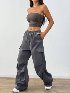 2pcs Women Casual Streetwear Ribbed Crop Tube Top And Drawstring Waist Parachute Pants Set Dark Grey Casual  Sleeveless Fabric Plain  Non-Stretch  Women Clothing, size features are:Bust: ,Length: ,Sleeve Length: Womens Corset Tops, Crop Tube Top, Shapewear Tops, Camisole Dress, Estilo Hip Hop, Streetwear Casual, Cropped Tube Top, Women's Shapewear, Top Cropped