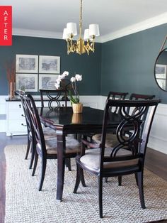 a dinning room table with chairs and a chandelier