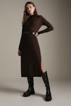 Cashmere Blend Funnel Neck Belted Dress Black Dress Brown Jacket, Brown Dress Winter Outfit, Midi Dress Winter Outfit, Brown Knee-length Midi Dress For Winter, Luxury Knit Winter Dresses, Brown Knit Winter Dress, Knit Dress Outfit, Chic Brown Knit Sweater Dress, Brown Knit Dress