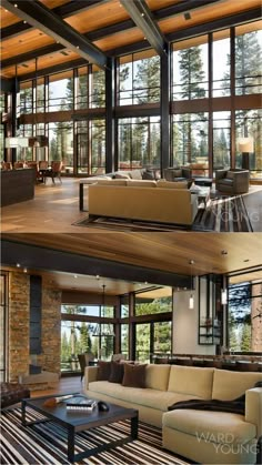 two pictures of a living room with couches, tables and windows that look out onto the mountains