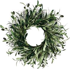 a wreath with green leaves and berries hanging from it