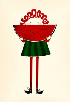 a drawing of a person holding a large piece of watermelon