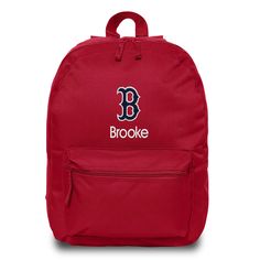 This Boston Red Sox "B" backpack is the perfect way for your child to show off their fandom wherever they go! With padded adjustable straps and an extra front zipper compartment, this backpack has everything your little one needs. This bag is embroidered with the Red Sox logo and your little one’s name or nickname underneath! This backpack measures 16” tall. Red Backpack For School Events, Red School Backpack Softback, Red Softback School Backpack, Red Backpack For End Of School Year Events, Red Backpack For School Events At Year End, Red Backpack For End-of-school-year Events, Red Student Backpack For End Of School Year, Red Standard Backpack For School Events, Red Sox Logo