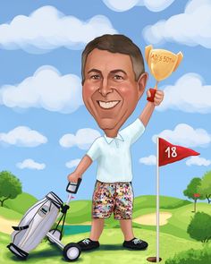 Caricature of Golfer Holding a Trophy Golf Caricature, Big Trophy, Golf Field, Caricature Online, Caricature Art, Popular Hobbies, Caricature Artist, Golf Lover, Body Proportions