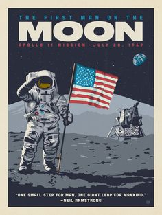 the first man on the moon is depicted in this vintage nasa poster, which features an astronaut holding a flag