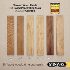 several different types of wood finish options for furniture and floor coverings, including white oak, red oak, yellow oak, black oak, or minwax