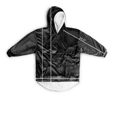 a black and white jacket with measurements for the hood, sleeves, and back zippers