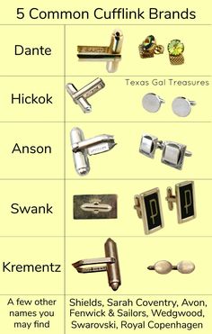 different types of cufflinks are shown in this chart, with the names and colors