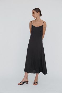 Ciao Lucia | Cristina Dress Matte Black Black Maxi Dress With Spaghetti Straps And Bias Cut, Black Maxi Dress With Bias Cut And Spaghetti Straps, Black Dress With Bias Cut And Spaghetti Straps, Sleek Black Satin Dress With Spaghetti Straps, Chic Modal Satin Dress For Daywear, Summer Modal Satin Maxi Dress For Night Out, Black Satin Bias Cut Midi Dress, Black Bias-cut Dress With Spaghetti Straps, Black Bias Cut Maxi Dress With Spaghetti Straps