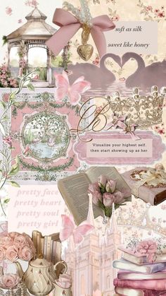 a collage of pink and gold items including books, flowers, teapots