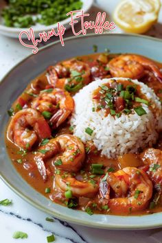 a white plate topped with shrimp and rice