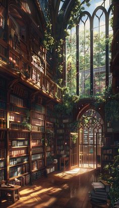 an artist's rendering of a library with lots of bookshelves and plants