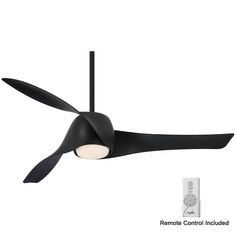 a black ceiling fan with remote control