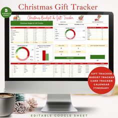 a christmas gift tracker on a computer screen next to a cup of coffee and a mug