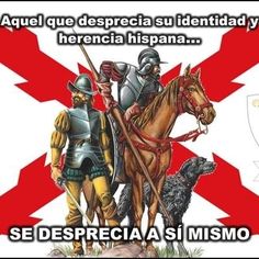 an image of two knights and a dog in front of a flag with spanish words