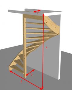 a wooden spiral staircase with measurements for the top and bottom half, shown in red