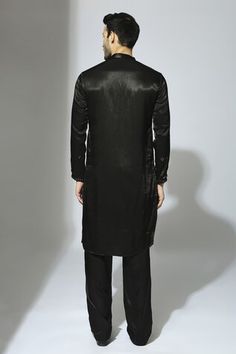 Black straight kurta with mirror-like embroidery and thread work around the placket and butti spread all-over. Comes with pant. - Aza Fashions Black Straight Kurta For Winter, Black Unstitched Winter Kurta, Unstitched Black Winter Kurta, Black Chikankari Embroidery Kurta For Winter, Winter Black Kurta With Resham Embroidery, Kurta Set Men, Men Kurta, Straight Kurta, Thread Work