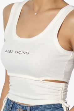 Elevate your sporty chic look with the "Keep Going" Print Scoop Neck Cutout & Ruched Side Ribbed Crop Tank Top.Featuring a lightweight, stretchy polyester blend, this sleeveless, scoop neck top pairs perfectly with high-waisted jeans, shorts, or skirts.Ideal for workouts, casual outings, and summer beach days.Trendy Summer Fashion: Featuring a scoop neck, cutout design, and ruching with tie sides, perfect for casual wear.Versatile Style: Ideal for sporty chic looks, workouts, beach days, and eve Trendy Summer Fashion, Sides For Ribs, Cutout Design, Ribbed Tank Top, Crop Tank Top, Scoop Neck Top, Ribbed Tank Tops, Sporty Chic, Ribbed Tank