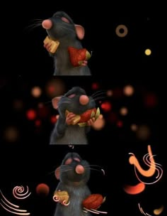 a mouse eating a piece of fruit in four different poses with blurry lights behind it