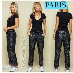 Love the look of this. It can be dressy but casual. Sequin Pants With Sneakers, Jollywood Nights, Sequins Pants Outfit, Sequins Pants, Sequin Jogger Pants, Sequin Pant, Black Paris, Sequin Pants, Chic Pants