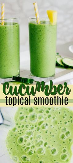 two glasses filled with green smoothie on top of a table