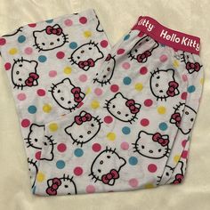 Flame Resistant 26” Long 11” Flat Waistband Cute White Pants For Sleepover, White Sleepwear With Elastic Waistband For Sleepover, Cute White Bottoms For Sleepover, Playful White Bottoms For Sleep, Playful White Sleep Bottoms, Hello Kitty Pajamas, Pajama Bottoms, Kids Pajamas, Pink White