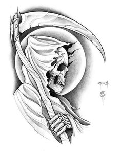 a drawing of a skeleton with a knife in its hand and the moon behind it