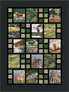 a quilt with many pictures of animals in the grass and trees, including deers