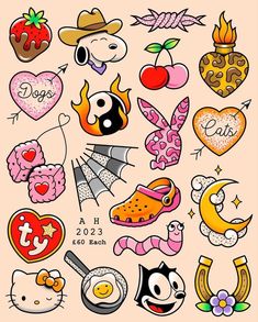 an assortment of cartoon characters with hearts, flowers and other things in the shape of heart