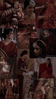 a collage of different pictures with women in red and gold outfits, one is wearing a