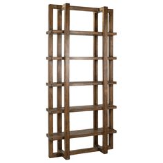 a tall wooden shelf with four shelves on each side and one section missing the top