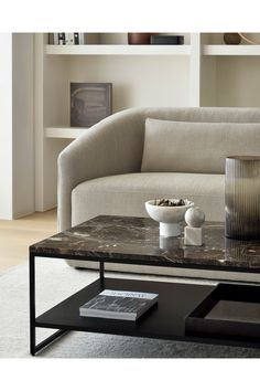 a living room with a couch, coffee table and bookshelf