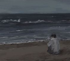 a painting of a person sitting on the beach looking out at the ocean and waves