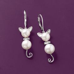 Ross-Simons - 7.5-9mm Cultured Pearl, Diamond-Accented Cat Drop Earrings in Silver. An RS exclusive. Meow! 7.5-9mm cultured freshwater pearl kitties shine in sterling silver with diamond accents. Hanging length is 1 5/8". Leverback, cultured pearl cat drop earrings. Pearl birthstones are the perfect gift for June birthdays. Elegant Cat Design Jewelry For Anniversary, Elegant Silver Cat Design Earrings, Elegant White Jewelry With Cat Design, Elegant White Cat Design Jewelry, Drop Earrings Pearl, Silver Cat Pendant, Pearl Birthstone, Cat Pendant Necklace, Sterling Silver Cat