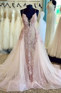 Cheap 2024 Pearl Pink Tulle Halter V Neck Lace Detachable Train Prom Dresses Formal Ball Gown, Pink Evening Dress, Detachable Train, Pink Wedding Dress, Lace Formal Dress, Prom Dresses Sleeveless, Pink Prom, Backless Prom Dresses, Pink Prom Dresses