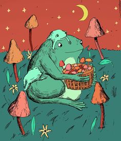 an illustration of a frog holding a basket full of mushrooms