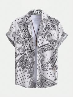 Black and White Boho Collar Short Sleeve Fabric Paisley Shirt Embellished Non-Stretch Summer Men Clothing Paisley Print Shirt, Blouse Man, Paisley Shirt, Street Life, Cotton Shirts For Men, Shirt Detail, Mens Casual Outfits, Casual Style Outfits, Print Shirt