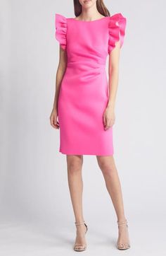 Decadent ruffles bring dramatic volume to the sleeves of a revamped sheath dress shaped with comfortable stretch and artful ruching at the hip. 39" length (size 8) Hidden back-zip closure Bateau neck Cap sleeves Unlined 95% polyester, 5% spandex Dry clean Imported Spring Structured Dresses, Chic Ruffled Elastane Dress, Pink Fitted Dress With Ruffle Sleeves, Stretch Dress With Ruffle Sleeves, Fitted Ruffle Sleeve Cocktail Dress, Pink Fitted Dress With Pleated Sleeves, Fitted Cocktail Dress With Ruffle Sleeves, Formal Ruffle Sleeve Stretch Dress, Fitted Dresses With Pleated Flutter Sleeves