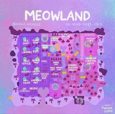 a map with the name and location of meowland in purple, blue, and pink