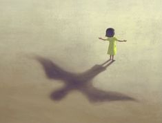 the shadow of a girl in a yellow dress is casting a long shadow on the wall