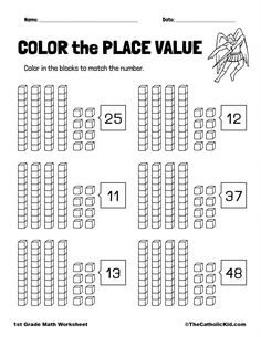 the color the place value worksheet for numbers 1 - 10, including one