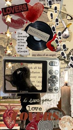 an altered photograph of a cat on a television set with love letters and other things surrounding it