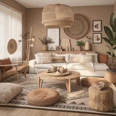 a living room filled with lots of furniture and decor on top of a wooden floor