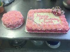 two birthday cakes with pink frosting and a tiara on top