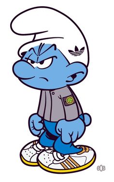 the smurf is sitting on top of a skateboard and has his hands in his pockets