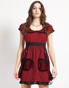 TRIPP NYC - BO PEEP DRESS RED Priest Clothing, Bo Peep Dress, The Shining Twins, Bo Peep, Tripp Nyc, Cropped Denim Jacket, Gingham Print, Cropped Denim, Sheer Sleeves