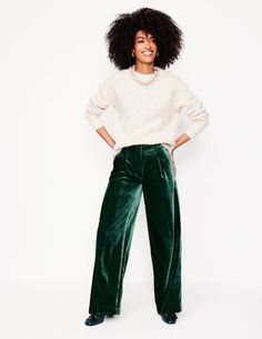 Chiswick Velvet Pants  - Glade | Boden US 2024 Wardrobe, Tunic Leggings, Velvet Trousers, Party Kleidung, Blouse Pants, Long Walks, Velvet Pants, Newborn Dresses, Midi Shirt Dress