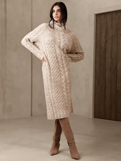 Weaving a cozy story for one generation to the next, our designers crafted this beautiful honeycomb cable sweater dress to last using a luxurious blend of warm wool and lavish yak.  Wear it season after season, and share it with those you love the mo Sweater Dress Outfit Work, Beige Sweater Dress Outfit, Sweater Dress Outfit Winter, Winter Sweater Dress, Fuzzy Sweater Dress, 2024 Clothes, Maxi Sweater Dress, Cable Sweater Dress, Mexico Fashion