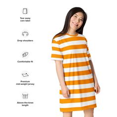 This orange and white stripes t-shirt dress is all around the perfect dress to wear everywhere, anytime. It has a dropped armhole with wide sleeves and dropped shoulders for extra comfort and mobility. It comes in a range of sizes from extra small to plus size, so everyone can enjoy the comfortable feeling of this t-shirt dress. Orange and white stripes make it an extra fun addition to your closet. See more striped clothing View the full Plus Size collection + PRODUCT DESCRIPTION + Made of 96% P Striped Short Sleeve Relaxed Fit Dress, Striped Relaxed Fit Short Sleeve Dresses, Striped Dresses With Short Sleeves And Relaxed Fit, Striped Dresses With Relaxed Fit And Short Sleeve, Cotton Short Sleeve Dresses With Vertical Stripes, Short Sleeve Cotton Dress With Vertical Stripes, Cotton Dress With Vertical Stripes And Short Sleeves, Casual Oversized Striped Dresses, White Cotton Short Sleeve T-shirt Dress