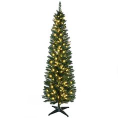 a tall christmas tree with lights on it's branches and two black stands in front of a white background